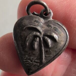 Vintage Puffed Sterling Silver Heart Charm with Palm Tree